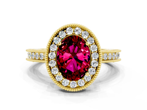 Yellow gold Oval Cut Halo Diamond Engagement Ring with Milgrain Pave Band and Four-Prong Setting