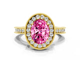 Yellow gold Oval Cut Halo Diamond Engagement Ring with Milgrain Pave Band and Four-Prong Setting