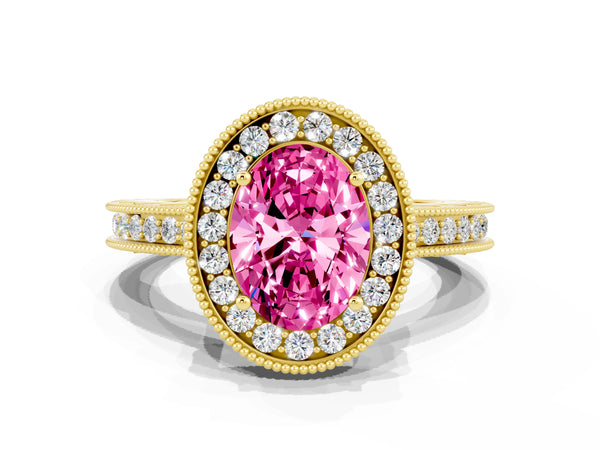 Yellow gold Oval Cut Halo Diamond Engagement Ring with Milgrain Pave Band and Four-Prong Setting