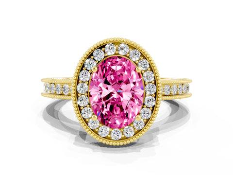 Yellow gold Oval Cut Halo Diamond Engagement Ring with Milgrain Pave Band and Four-Prong Setting
