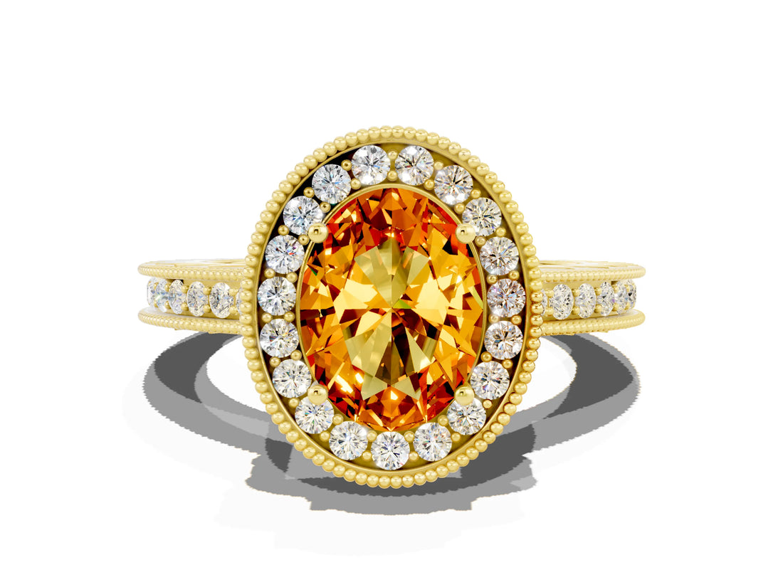 Yellow gold Oval Cut Halo Diamond Engagement Ring with Milgrain Pave Band and Four-Prong Setting
