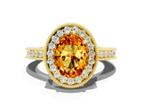 Yellow gold Oval Cut Halo Diamond Engagement Ring with Milgrain Pave Band and Four-Prong Setting