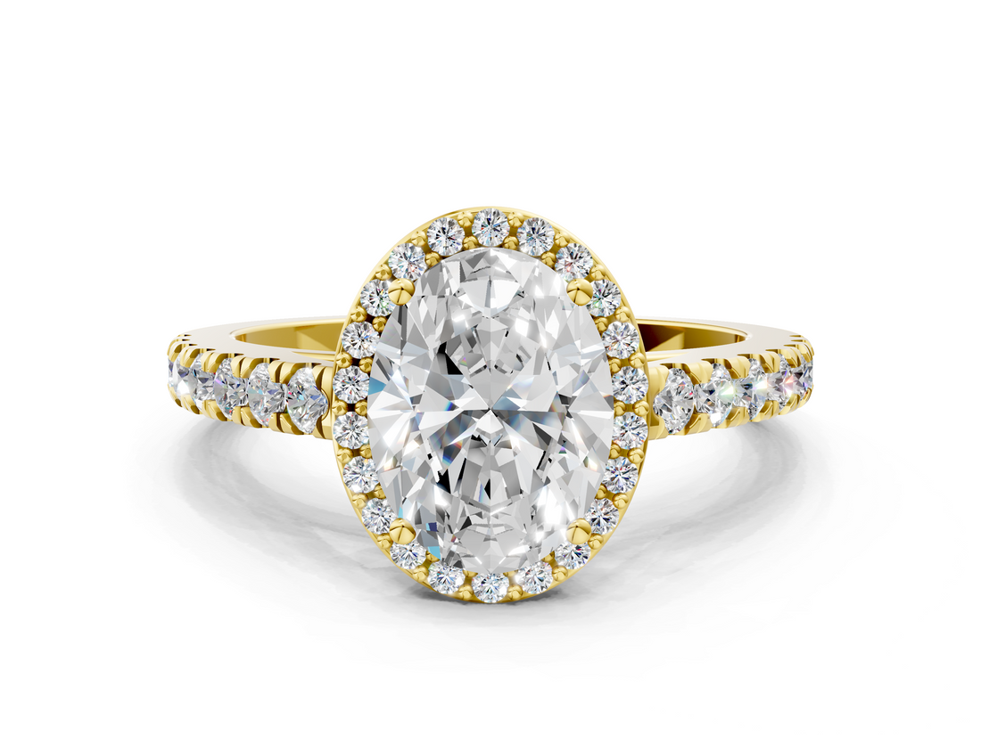 Yellow gold Oval Cut Halo Diamond Engagement Ring with Pave Band and Four-Prong Setting_40