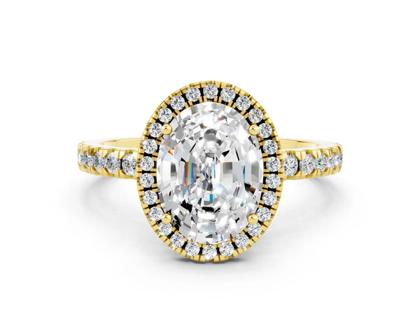 Yellow gold Oval Cut Moissanite Classic Halo Engagement Ring with Round Pavé Band and Prong Setting