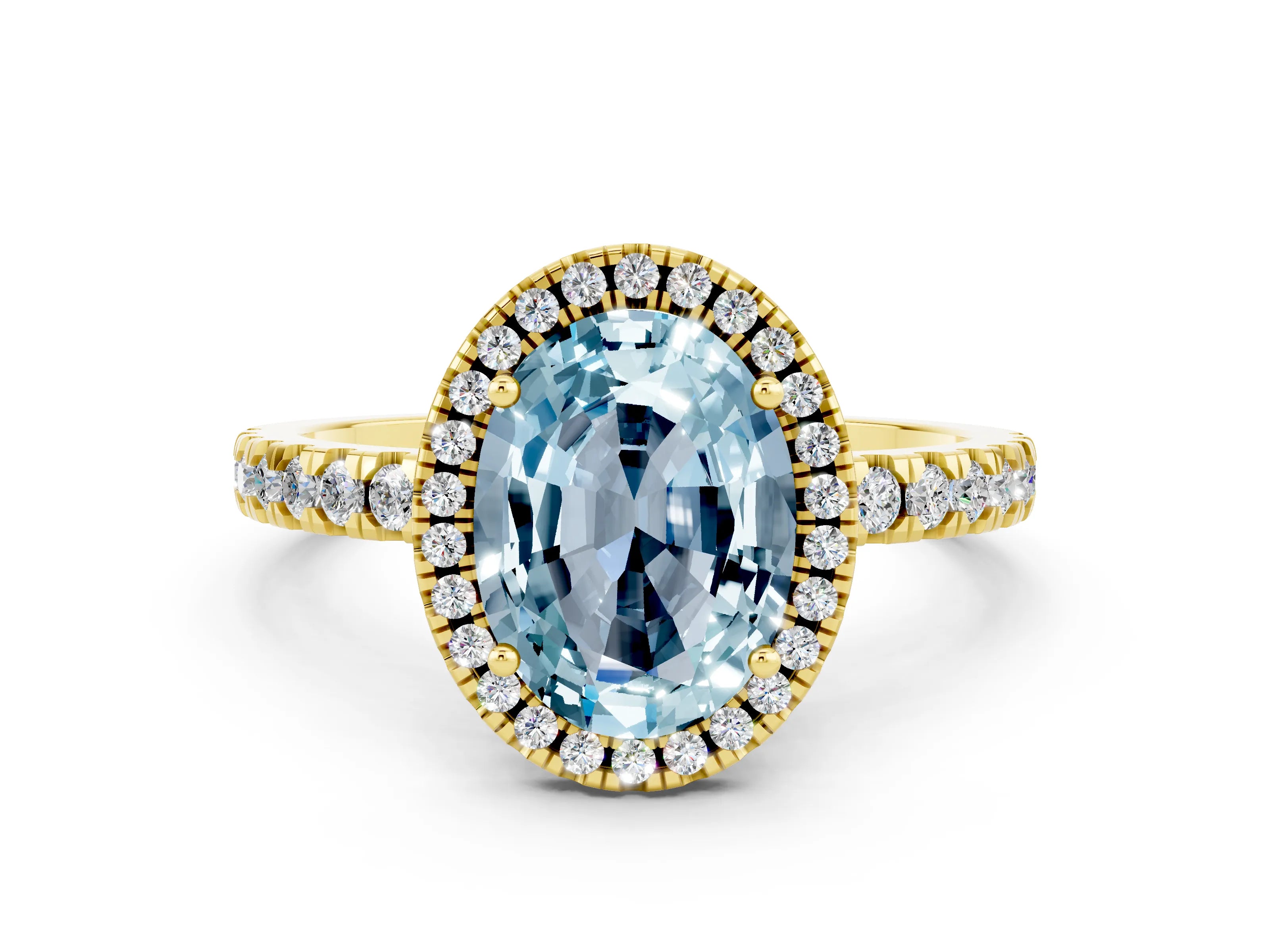 Yellow gold Oval Cut Halo Diamond Pave Band with Prong Setting