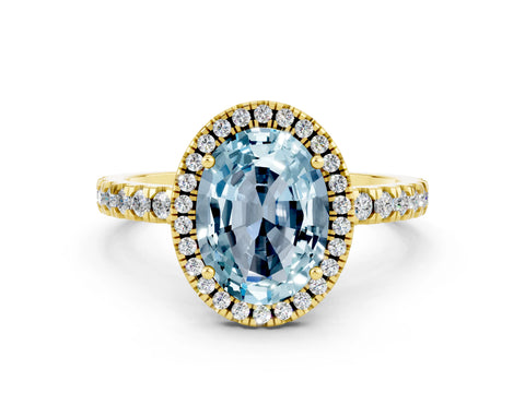 Yellow gold Oval Cut Halo Diamond Pave Band with Prong Setting