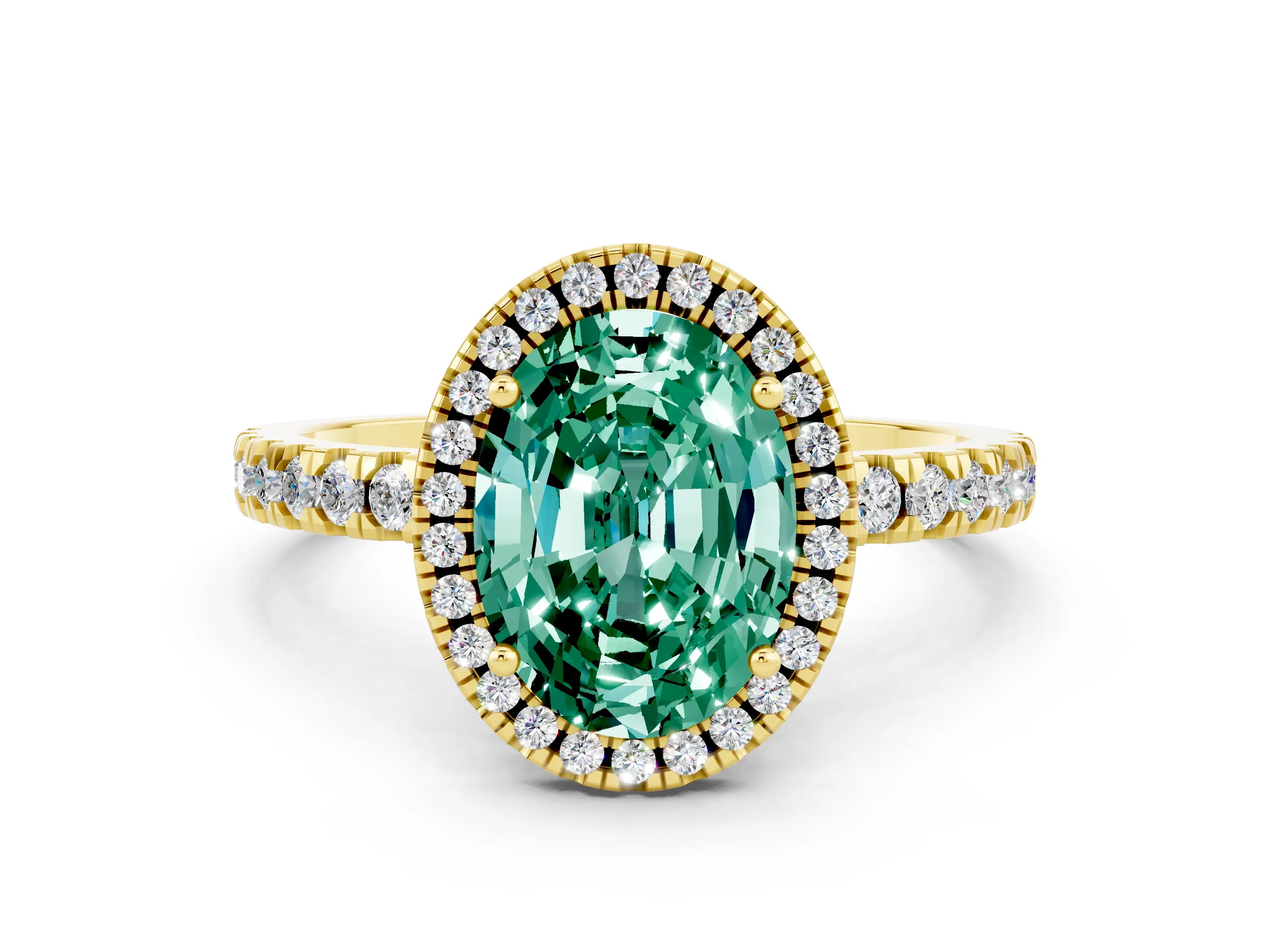 Yellow gold Oval Cut Halo Diamond Pave Band with Prong Setting