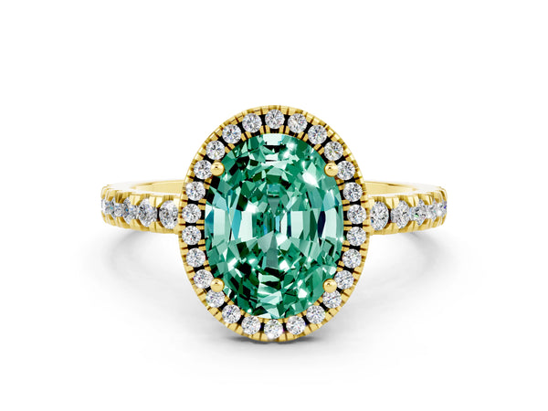 Yellow gold Oval Cut Green Sapphire Classic Halo Engagement Ring with Round Pavé Band and Prong Setting