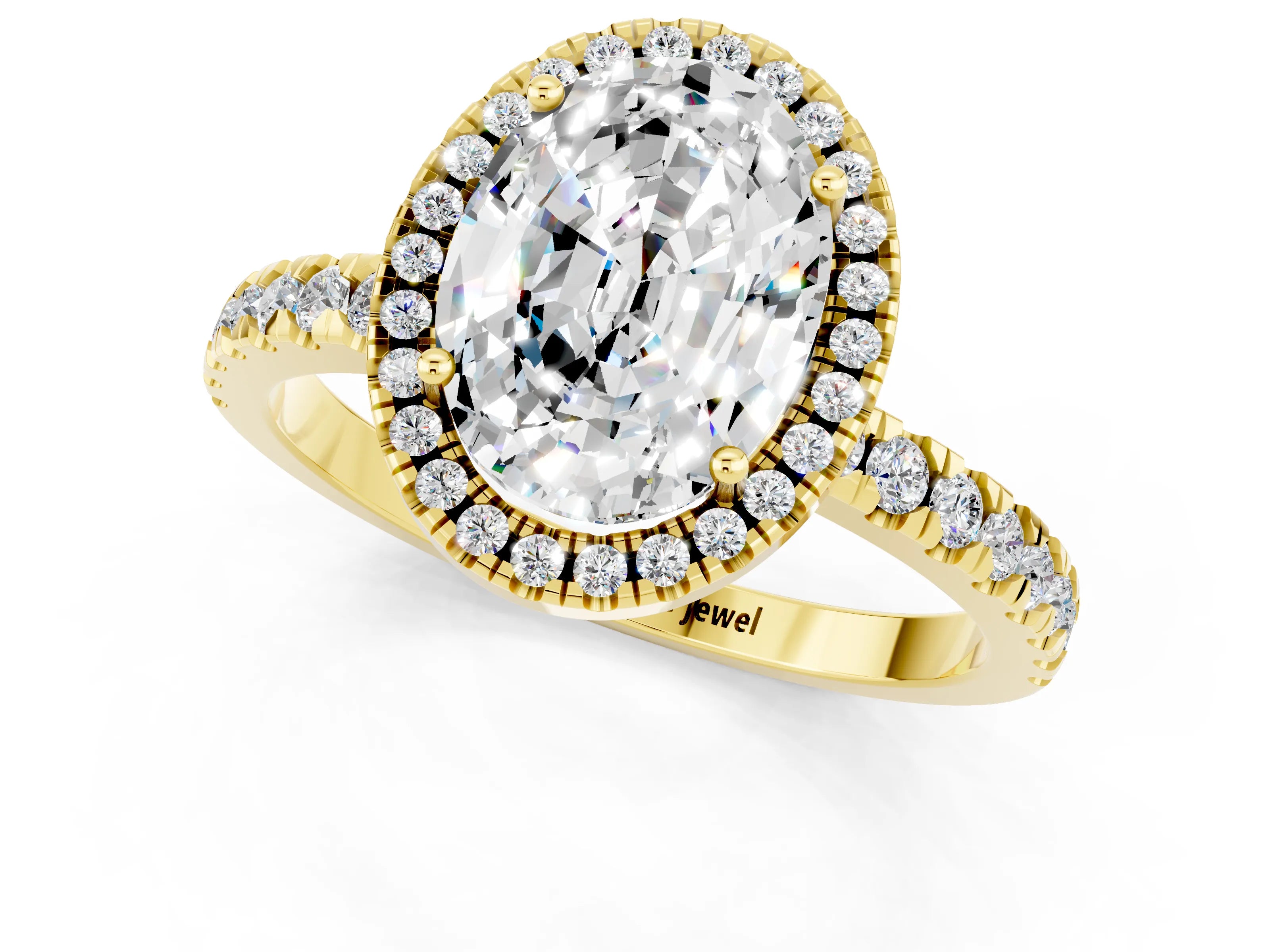 Yellow gold Oval Cut Halo Diamond Pave Band with Prong Setting_1