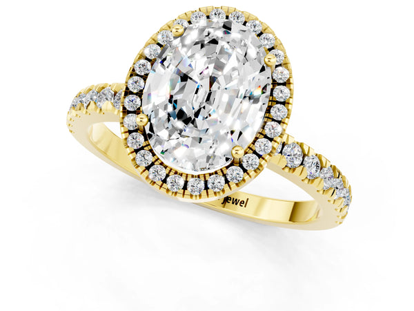 Yellow gold Oval Cut Moissanite Classic Halo Engagement Ring with Round Pavé Band and Prong Setting