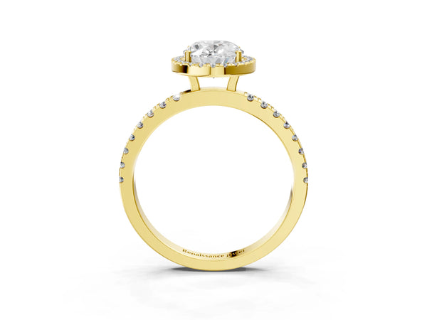 Yellow gold Oval Cut Halo Diamond Pave Band with Prong Setting