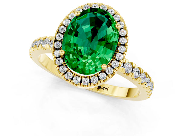 Yellow gold Oval Cut Emerald Classic Halo Engagement Ring with Round Pavé Band and Prong Setting