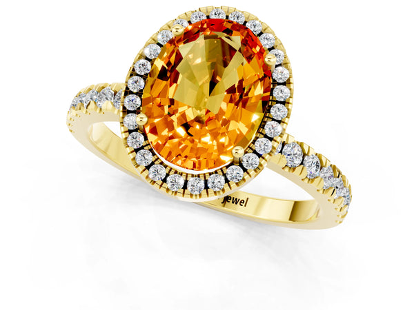 Yellow gold Oval Cut Citrine Classic Halo Engagement Ring with Round Pavé Band and Prong Setting