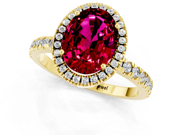 Yellow gold Oval Cut Garnet Classic Halo Engagement Ring with Round Pavé Band and Prong Setting