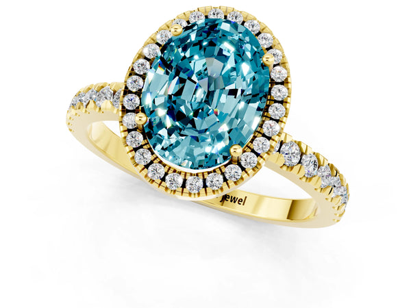 Yellow gold Oval Cut Halo Diamond Pave Band with Prong Setting