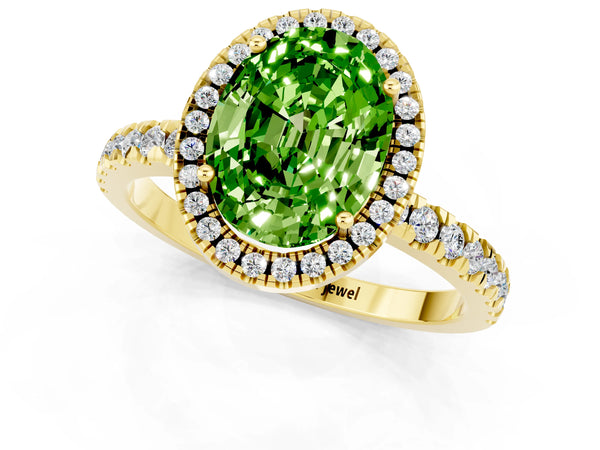 Yellow gold Oval Cut Halo Diamond Pave Band with Prong Setting