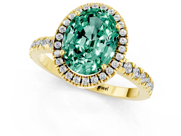 Yellow gold Oval Cut Green Sapphire Classic Halo Engagement Ring with Round Pavé Band and Prong Setting