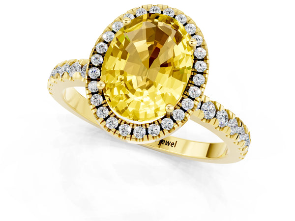 Yellow gold Oval Cut Yellow Sapphire Classic Halo Engagement Ring with Round Pavé Band and Prong Setting