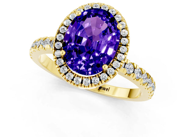 Yellow gold Oval Cut Tanzanite Classic Halo Engagement Ring with Round Pavé Band and Prong Setting