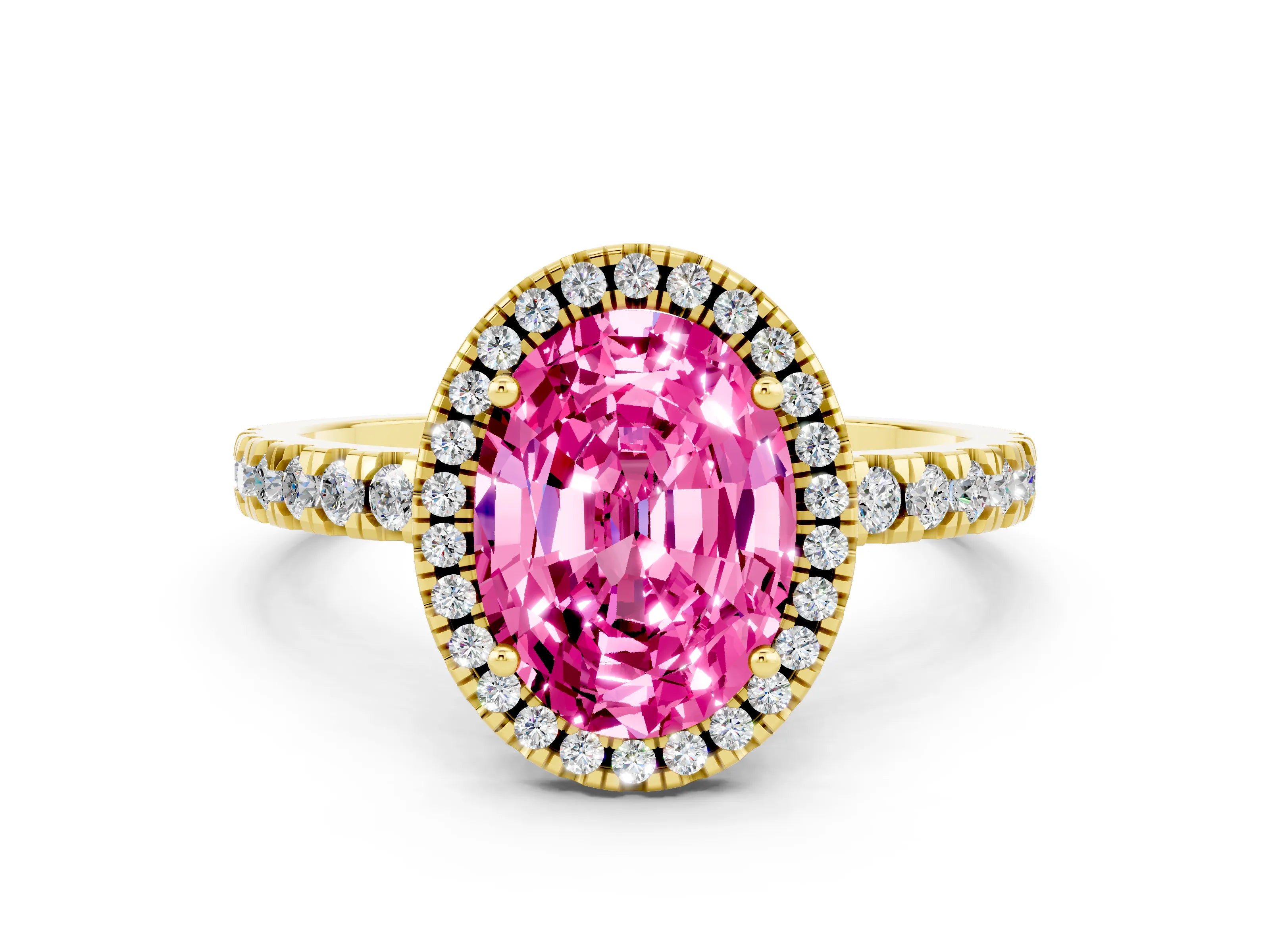 Yellow gold Oval Cut Halo Diamond Pave Band with Prong Setting