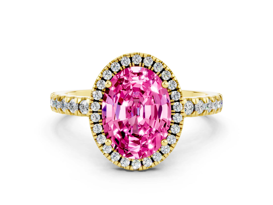 Yellow gold Oval Cut Halo Diamond Pave Band with Prong Setting