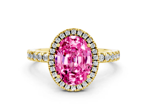 Yellow gold Oval Cut Halo Diamond Pave Band with Prong Setting