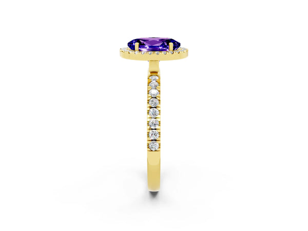 Yellow gold Oval Cut Tanzanite Classic Halo Engagement Ring with Round Pavé Band and Prong Setting