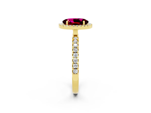 Yellow gold Oval Cut Garnet Classic Halo Engagement Ring with Round Pavé Band and Prong Setting