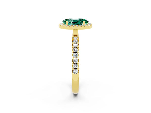 Yellow gold Oval Cut Green Sapphire Classic Halo Engagement Ring with Round Pavé Band and Prong Setting