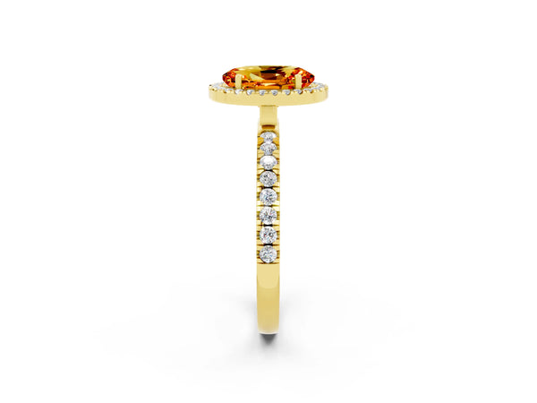 Yellow gold Oval Cut Citrine Classic Halo Engagement Ring with Round Pavé Band and Prong Setting