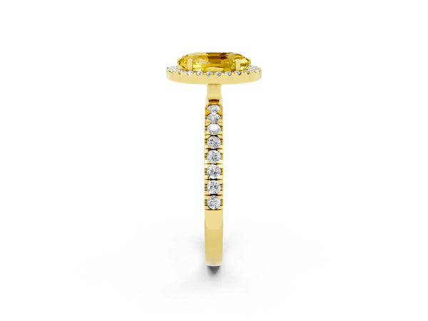 Yellow gold Oval Cut Yellow Sapphire Classic Halo Engagement Ring with Round Pavé Band and Prong Setting