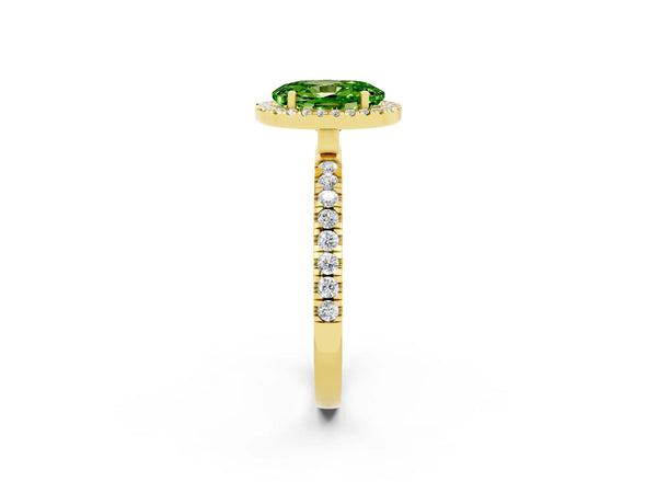 Yellow gold Oval Cut Halo Diamond Pave Band with Prong Setting