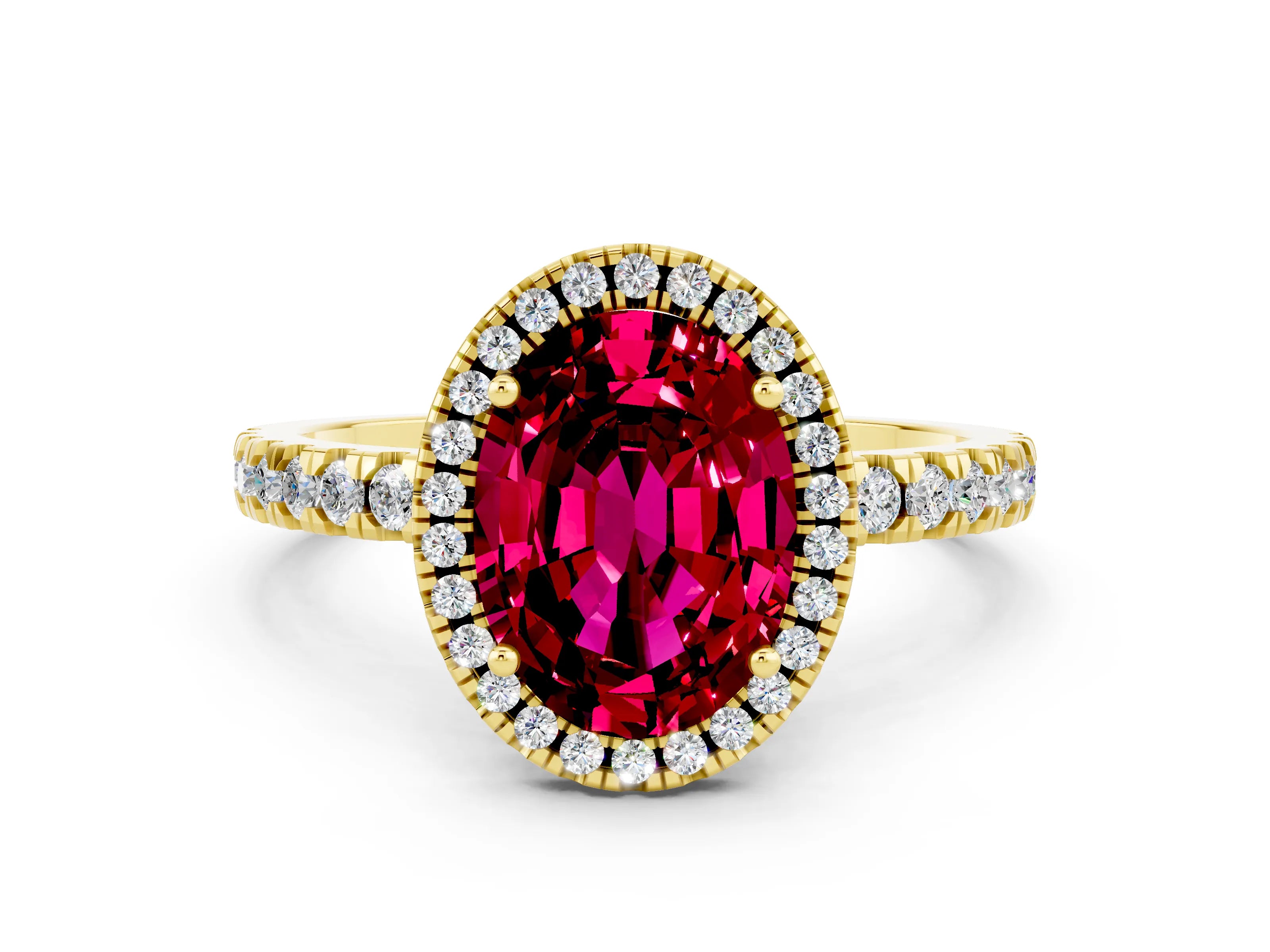Yellow gold Oval Cut Halo Diamond Pave Band with Prong Setting