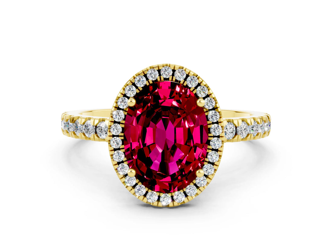 Yellow gold Oval Cut Halo Diamond Pave Band with Prong Setting