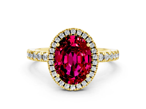 Yellow gold Oval Cut Garnet Classic Halo Engagement Ring with Round Pavé Band and Prong Setting