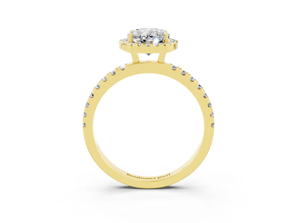Yellow gold Oval Cut Moissanite Classic Halo Engagement Ring with Round Pavé Band and Prong Setting