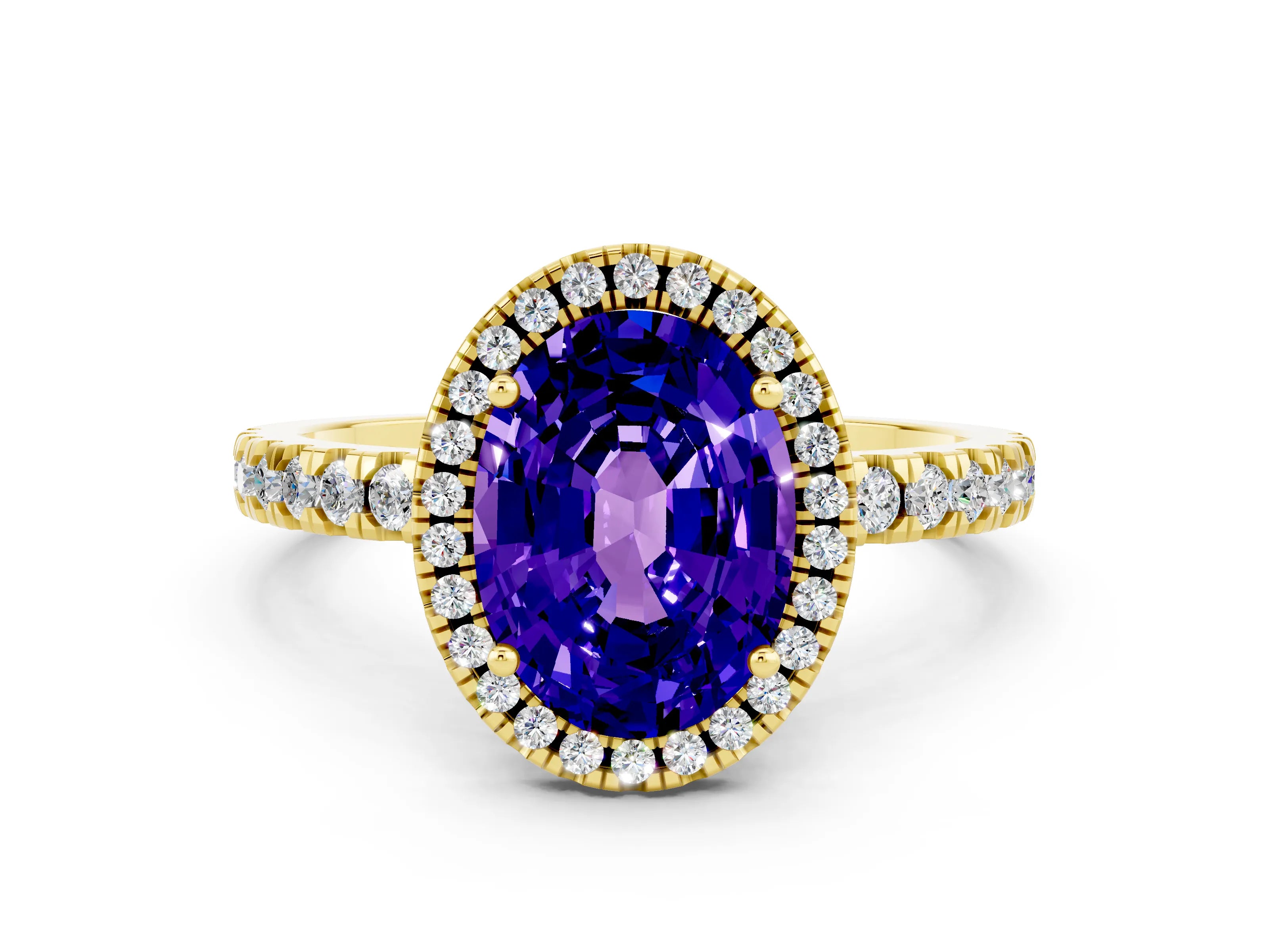 Yellow gold Oval Cut Halo Diamond Pave Band with Prong Setting