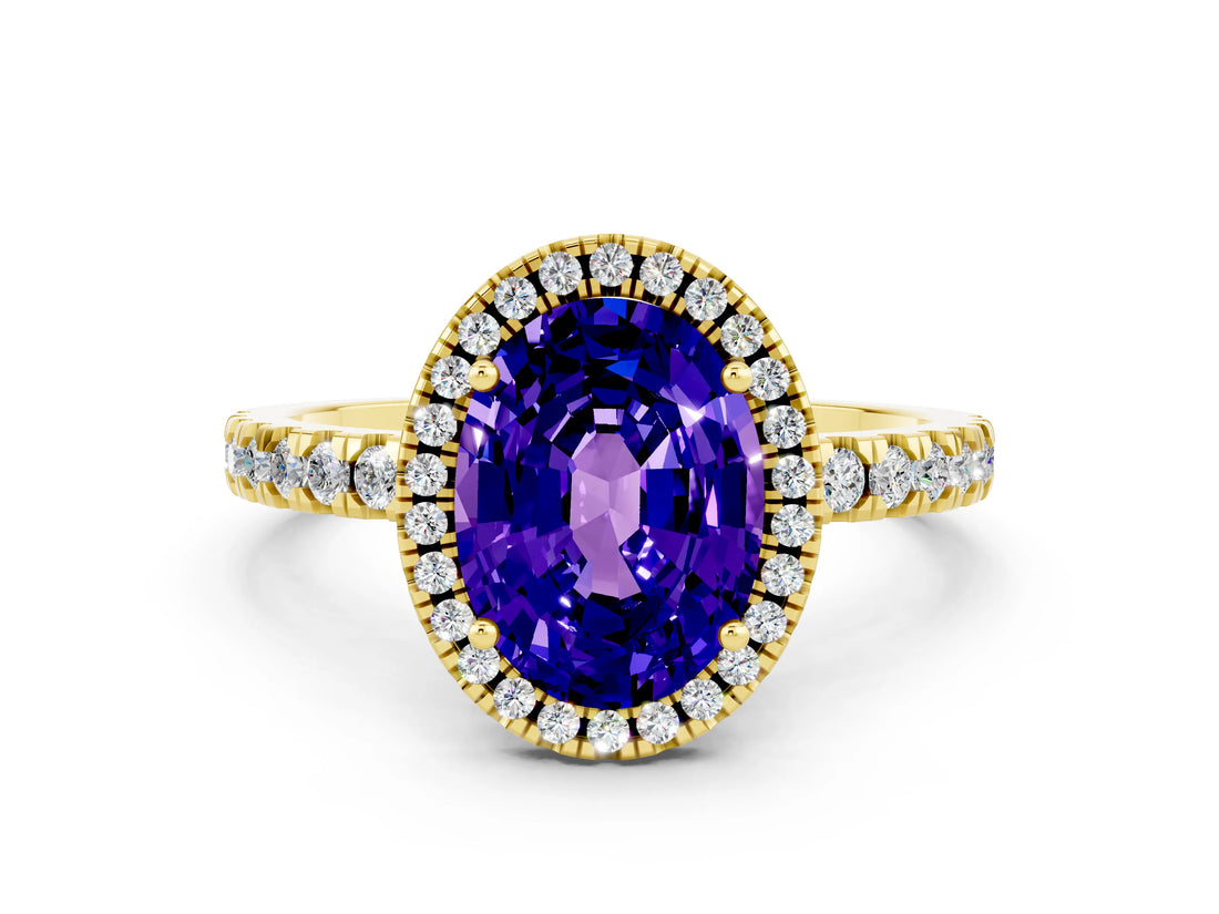 Yellow gold Oval Cut Halo Diamond Pave Band with Prong Setting