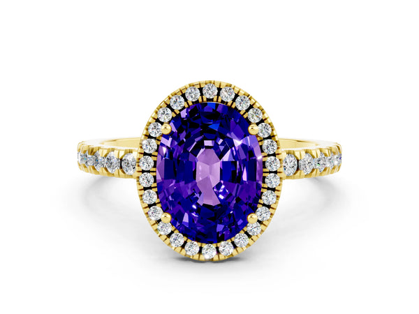 Yellow gold Oval Cut Tanzanite Classic Halo Engagement Ring with Round Pavé Band and Prong Setting