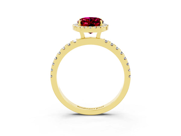 Yellow gold Oval Cut Garnet Classic Halo Engagement Ring with Round Pavé Band and Prong Setting