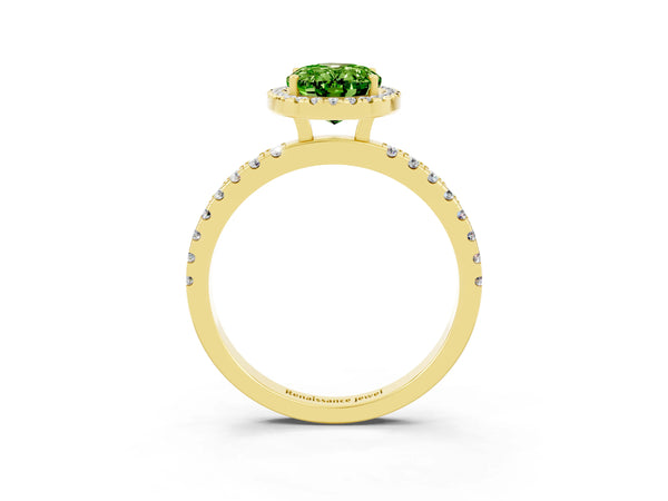 Yellow gold Oval Cut Halo Diamond Pave Band with Prong Setting
