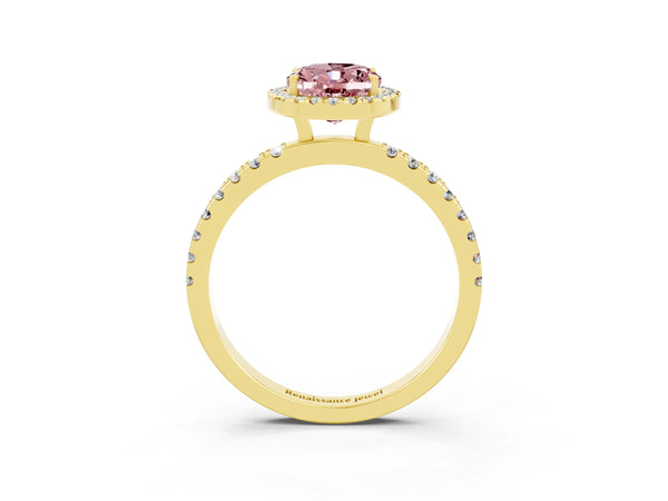 Yellow gold Oval Cut Halo Diamond Pave Band with Prong Setting