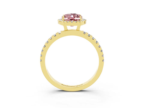 Yellow gold Oval Cut Halo Diamond Pave Band with Prong Setting_3