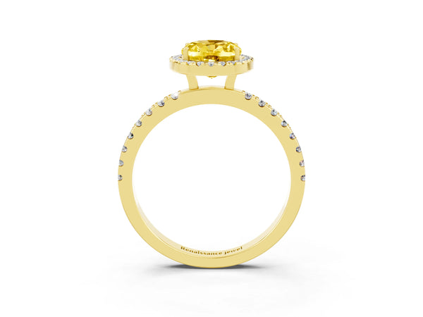 Yellow gold Oval Cut Yellow Sapphire Classic Halo Engagement Ring with Round Pavé Band and Prong Setting