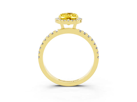 Yellow gold Oval Cut Halo Diamond Pave Band with Prong Setting_3