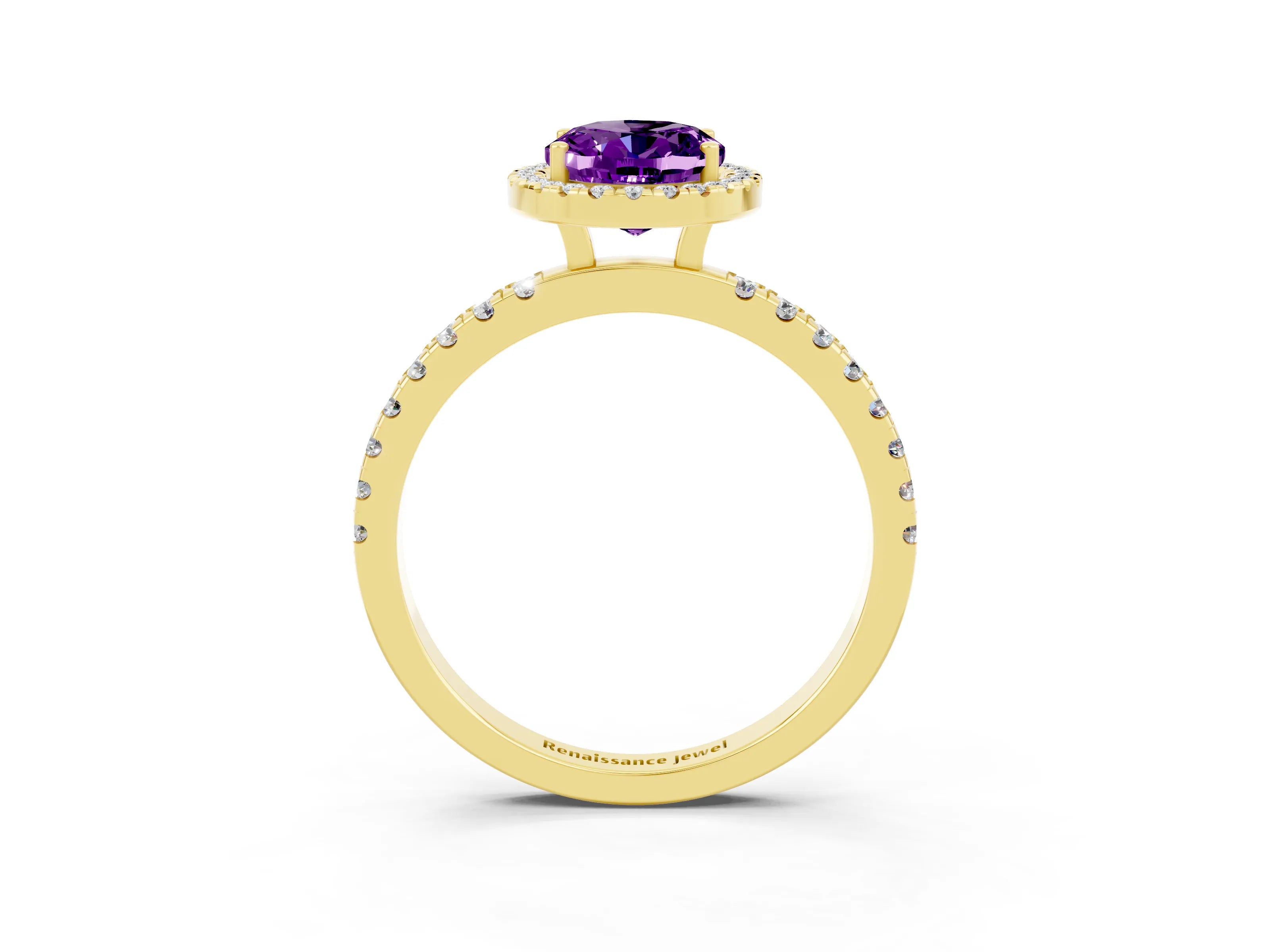 Yellow gold Oval Cut Halo Diamond Pave Band with Prong Setting_3