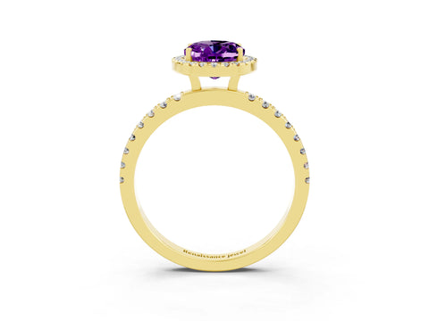 Yellow gold Oval Cut Halo Diamond Pave Band with Prong Setting_3