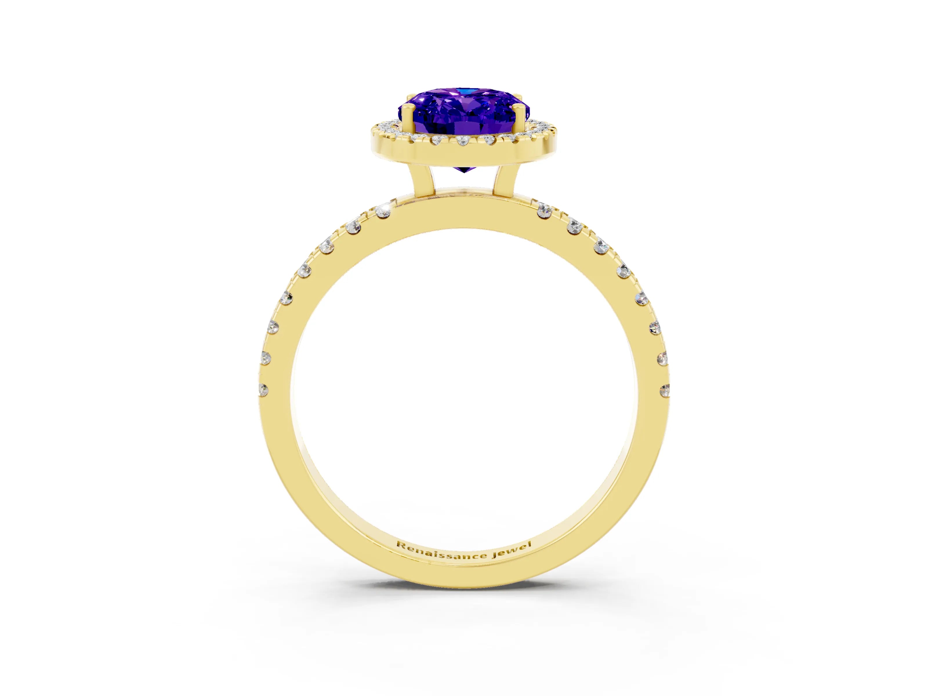 Yellow gold Oval Cut Halo Diamond Pave Band with Prong Setting_3