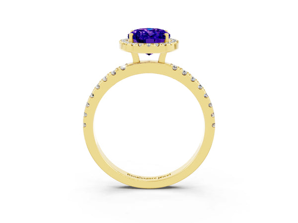 Yellow gold Oval Cut Tanzanite Classic Halo Engagement Ring with Round Pavé Band and Prong Setting