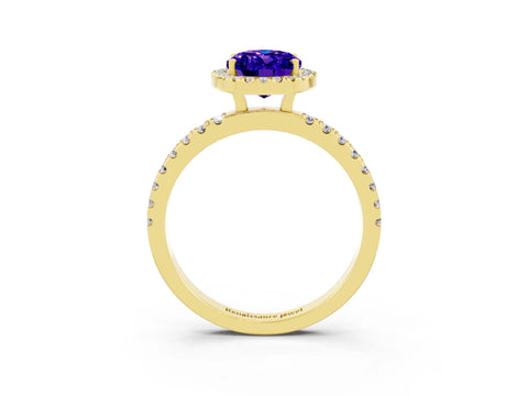 Yellow gold Oval Cut Halo Diamond Pave Band with Prong Setting_3